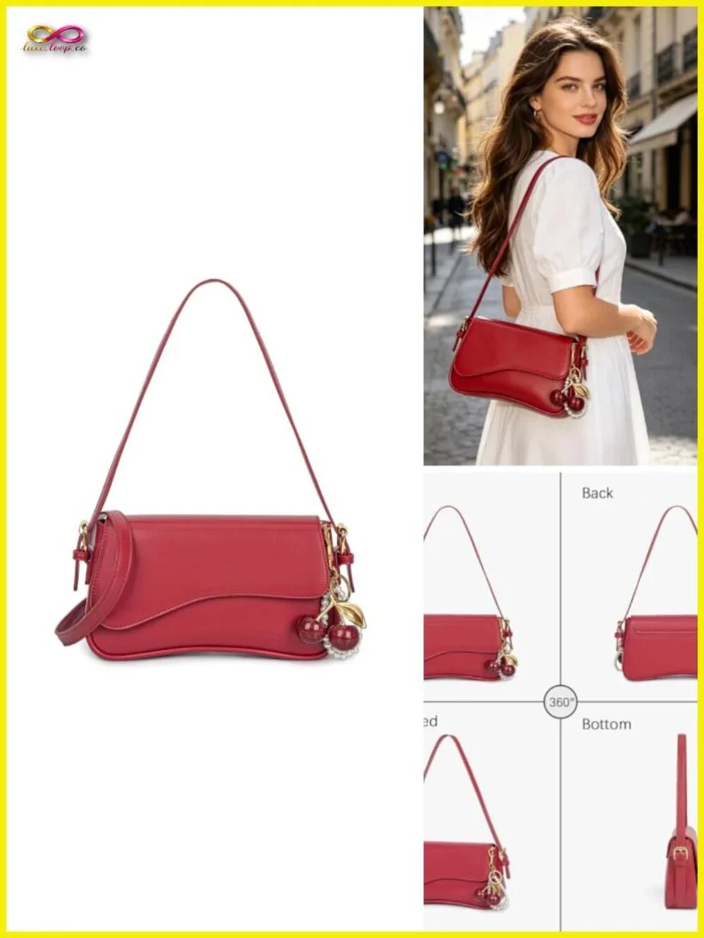 Y2K Hobo Crossbody Bag with Cherry Charm Pendant Faux Leather